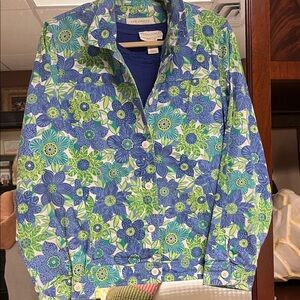 2 pc Appleseeds Women's Floral Jean Jacket periwinkle Blue and Green with shirt